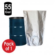 silver mylar foil high barrier drum liner next to blue barrel