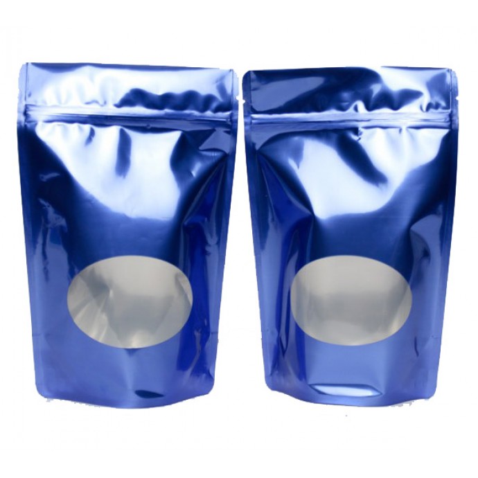 Download 5.75" x 9" x 3.5" Blue Stand Up Pouch with Oval Window; (1,000/case) - DMCNS35ZRCBL