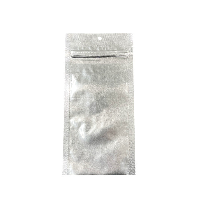 4.75" x 9.625" Silver Mylar Pouch with Tamper Evident ZipSeal, Tear Notch and Hang Hole - 0475MFS09625ZTEHH