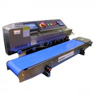 band sealer with blue conveyor and built in inkjet printer